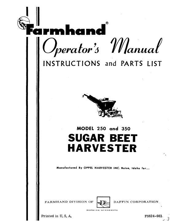 AGCO 250 350 Beet Harvester (1963) Operator Manual FS624663 English