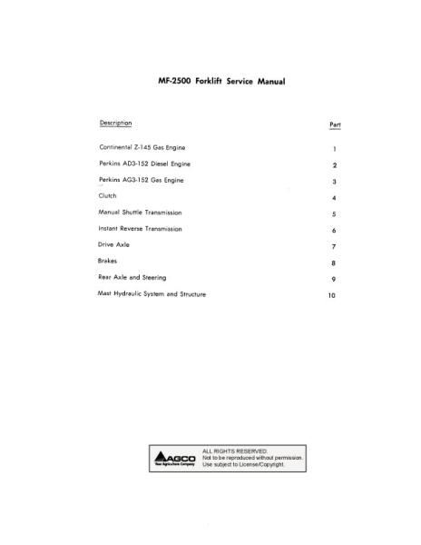 AGCO 2500 Forklift (packet) Service Manual 1448808M1 English