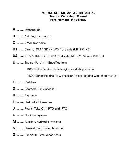 AGCO 251XE 271XE 281XE Tractor (packet) Service Manual 1449216M2 English