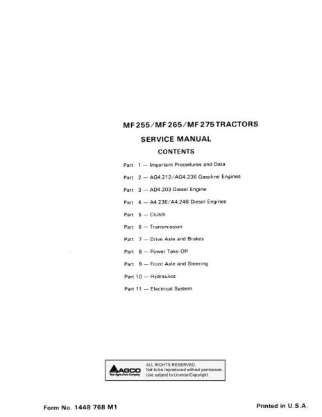 AGCO 255 265 275 Tractor (packet) Service Manual 1448768M1 English