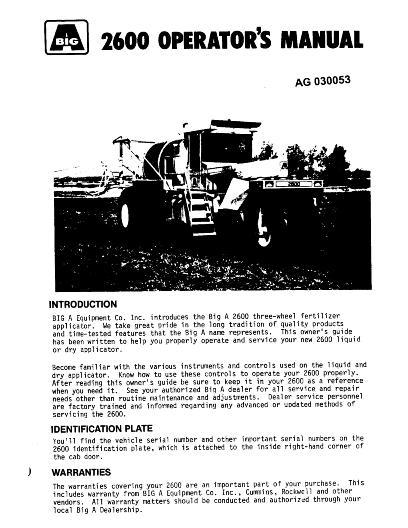 AGCO 2600 2600A Big A Applicator (chassis, 3 - wheel) Operator Manual AG030053 English