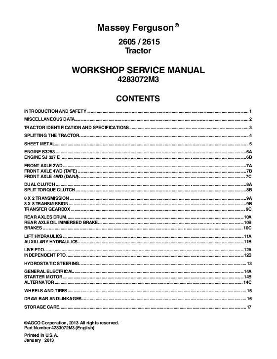 AGCO 2605 2615 Tractor (packet) Service Manual 4283072M3 English