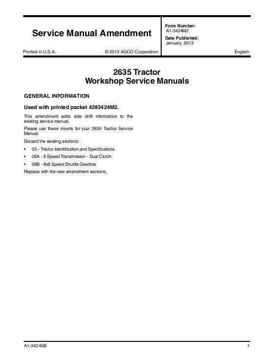AGCO 2635 Tractor Amendment (for 4283424M2 packet) Service Manual A1-3424M2 English