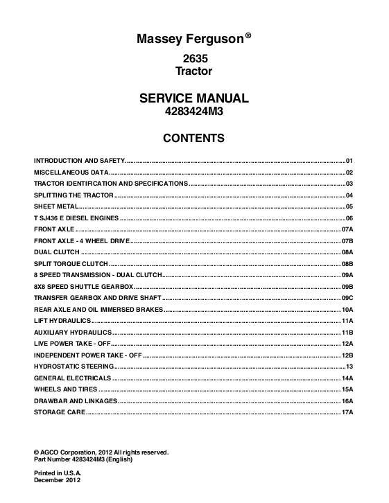 AGCO 2635 Tractor (packet) Service Manual 4283424M3 English