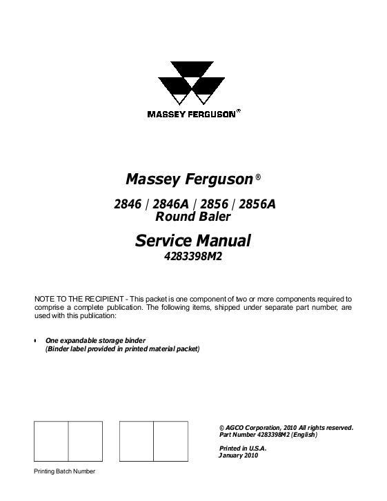 AGCO 2846 2846A 2856 2856A Round Baler (packet) Service Manual 4283398M2 English