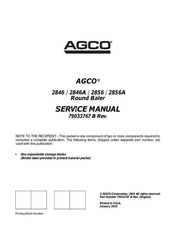 AGCO 2846 2846A 2856 2856A Round Baler (packet) Service Manual 79033767B English