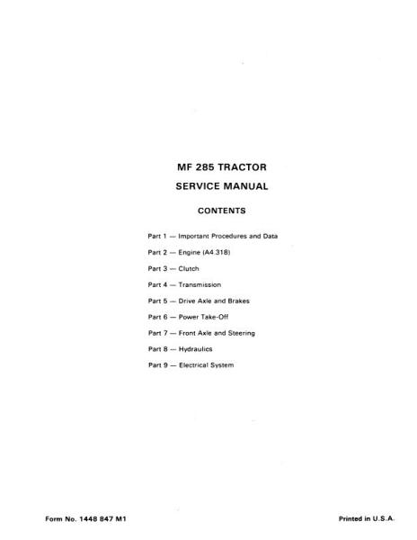 AGCO 285 Tractor (packet) Service Manual 1448847M1 English