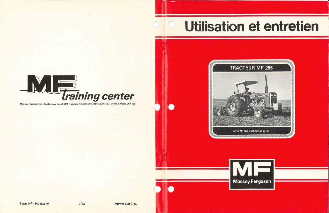 AGCO 285 Tractor (sn 9A349200 & later) Operator Manual 1449023F1 French