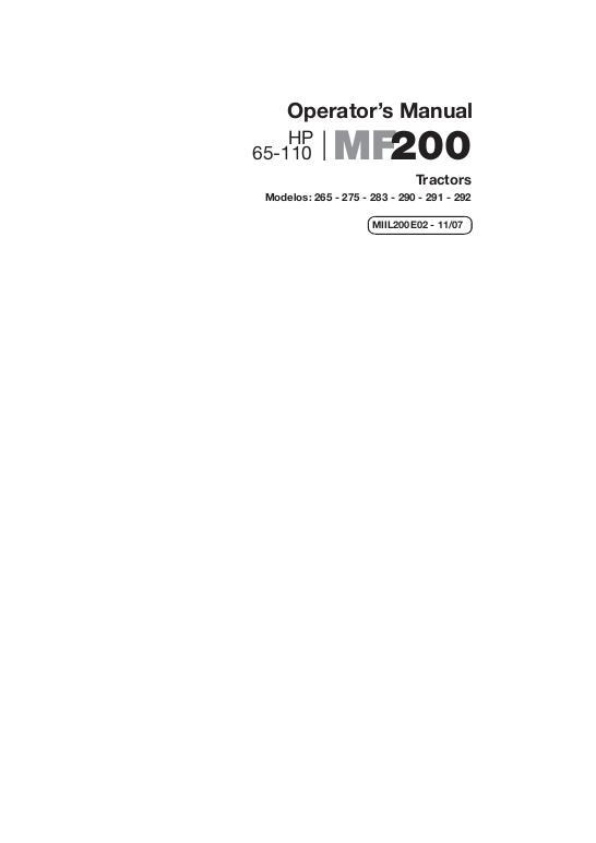 AGCO 291 292 Tractor (Brazil production) Operator Manual MIIL200E02 English