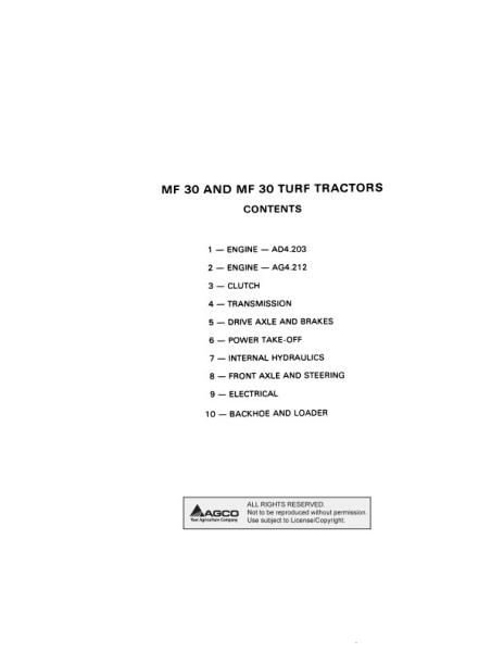 AGCO 30 Tractor Tractor Loader Tractor Loader Backhoe (packet) Service Manual 1448978M2 English