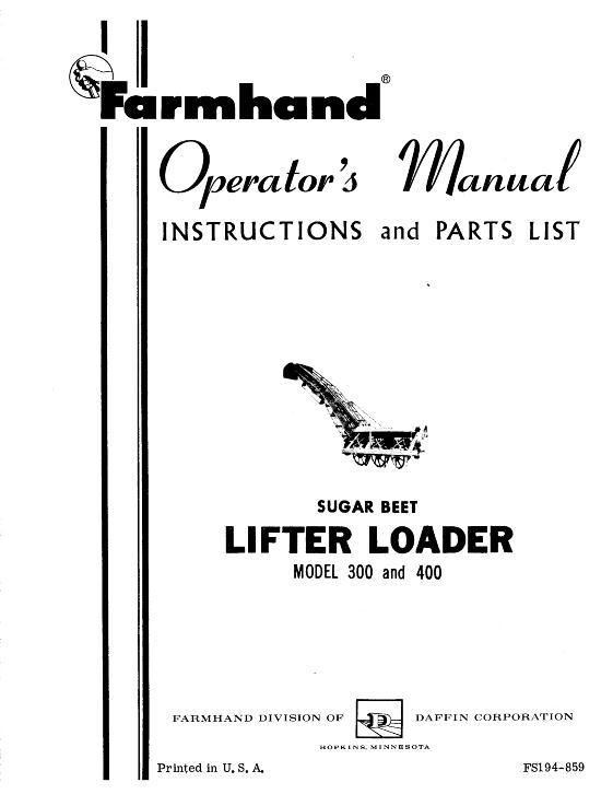 AGCO 300 Lifter Loader (1959) Operator Manual FS194859 English