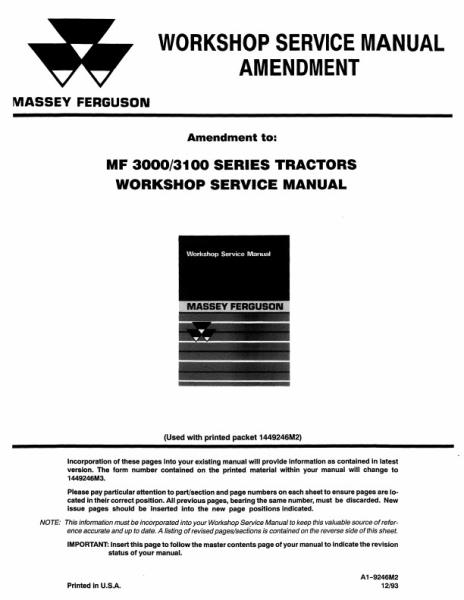 AGCO 3000 Series 3100 Series Tractor (amendment, use w 1449246M2) Service Manual A1-9246M2 English