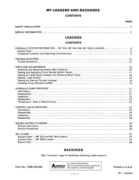 AGCO 32A 34A 300A Loader, 52A 54A Backhoe (attachment) (section) Service Manual 1448976M3 English