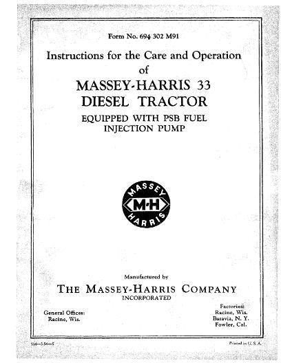 AGCO 33 Tractor (diesel with PSB injection pump) Operator Manual 694302M91 English