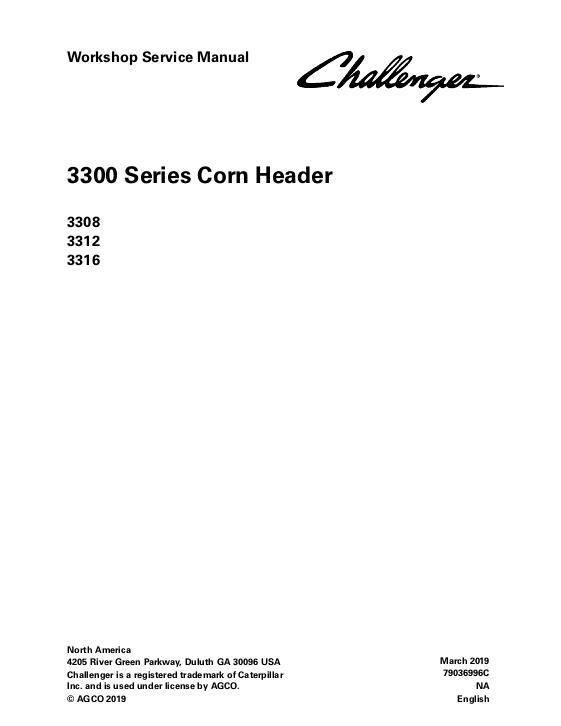 AGCO 3308 3312 3316 Corn Head Service Manual 79036996C English