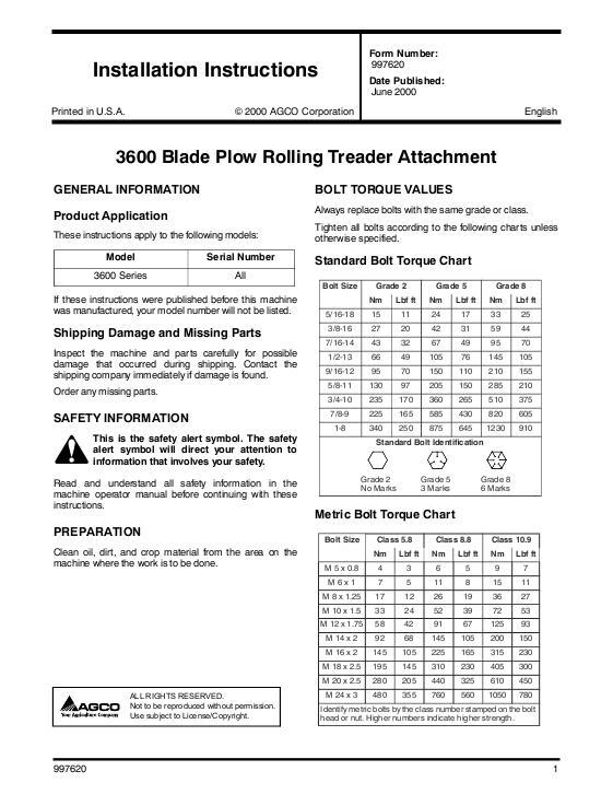 AGCO 3612 3662 3672 3692 Blade Plow Rolling Treader Attachment Operator Manual SN997620 English 1 AGCO 3612 3662 3672 3692 Blade Plow Rolling Treader Attachment Operator Manual SN997620 English