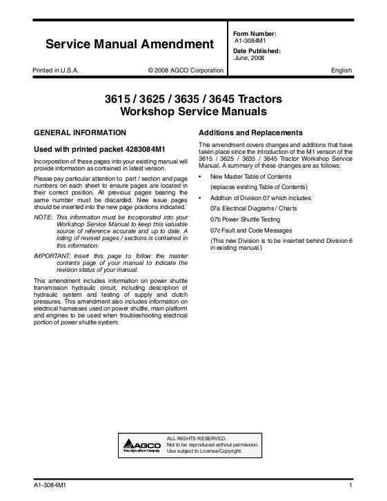 AGCO 3615 3625 3635 3645 Amendment (use with 4283084M1) Service Manual A1-3084M1 English