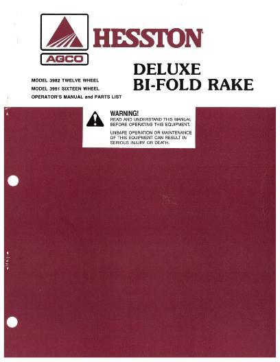 AGCO 3982 3991 Bi-Fold Rake (deluxe) Parts Book 700003285 English