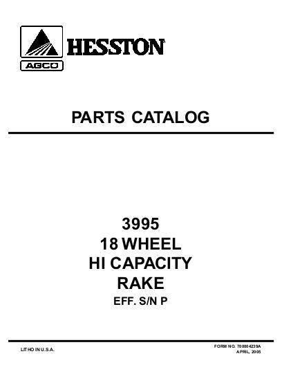 AGCO 3995 Bi-Fold Rake (Hi Capacity, eff sn 'P') Parts Book 700004239A English