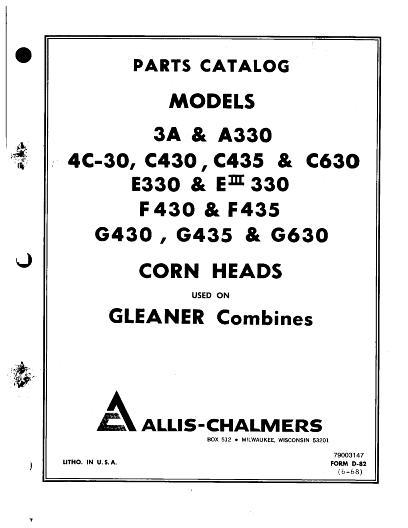 AGCO 3A A330 C430 C435 E330 F430 F435 G430 G435 G630 Corn Head Parts Book 79003147 English