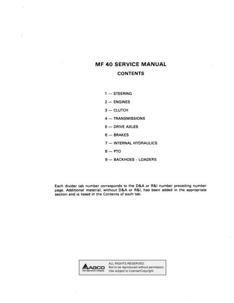AGCO 40 Tractor Tractor Loader Tractor Loader Backhoe (packet) Service Manual 1448979M2 English