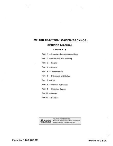 AGCO 40B Tractor Tractor Loader Tractor Loader Backhoe (packet) Service Manual 1448788M1 English