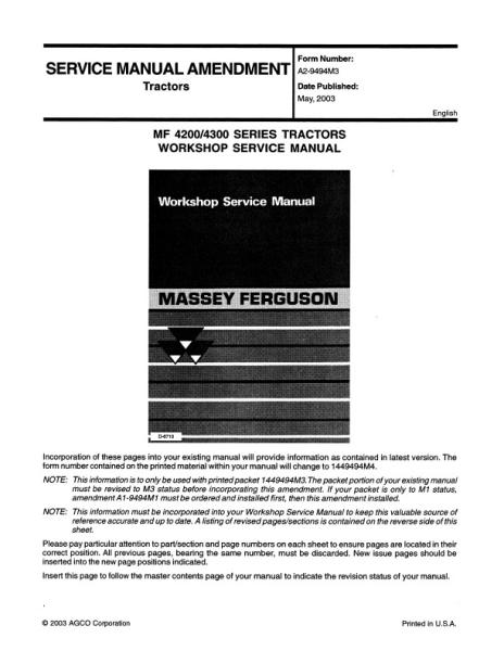 AGCO 4200 4300 Series Tractor (amendment for 1449494M3) Service Manual A2-9494M3 English