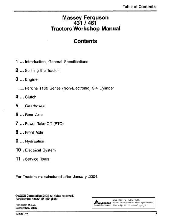 AGCO 431 461 Tractor (packet) Service Manual 4283017M1 English