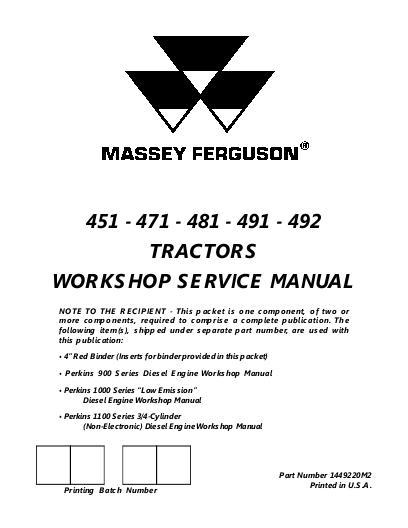AGCO 451 471 481 491 492 Tractor (packet) Service Manual 1449220M2 English