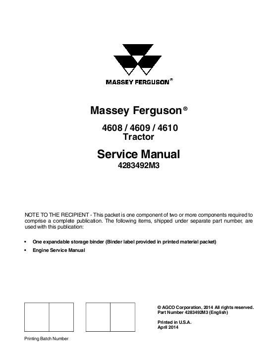 AGCO 4608 4609 4610 Utility Tractor (packet) Service Manual 4283492M3 English