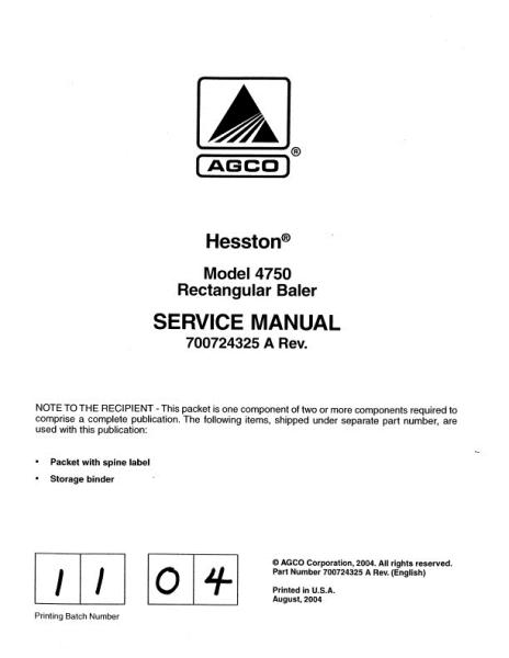 AGCO 4750 Big Square Baler (packet) Service Manual 700724325A English