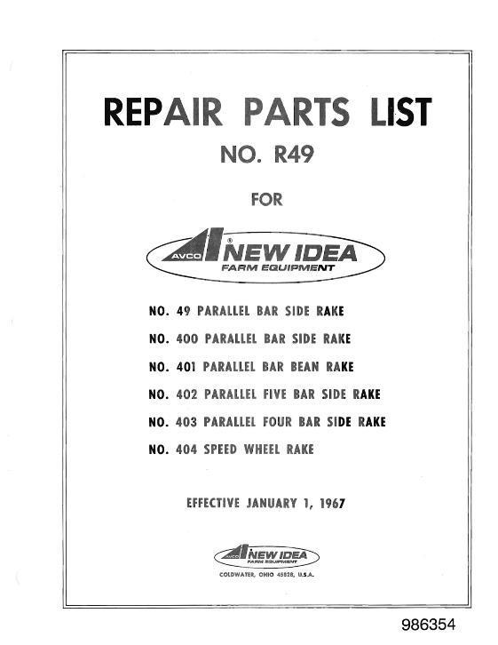 AGCO 49 400 401 402 403 404 Rake Parts Book 986354 English