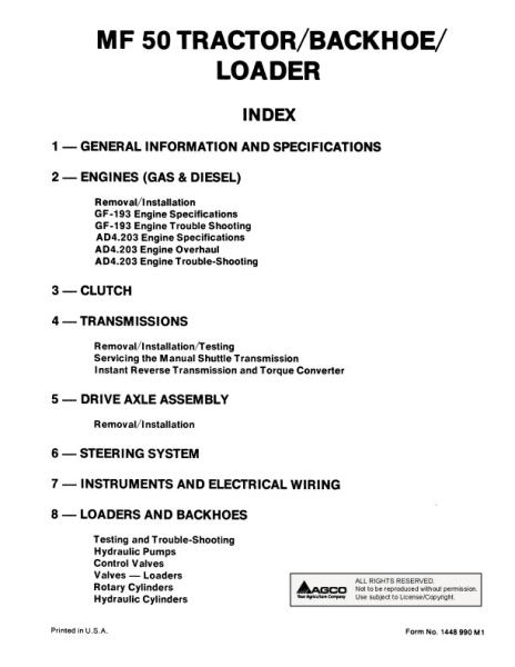 AGCO 50 50A Industrial Tractor Backhoe Loader (packet) Service Manual 1448990M1 English