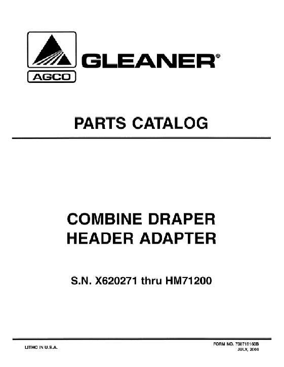 AGCO 5000 Draper Combine Adapter (sn X620271 - HM71200) Parts Book 700719160B English