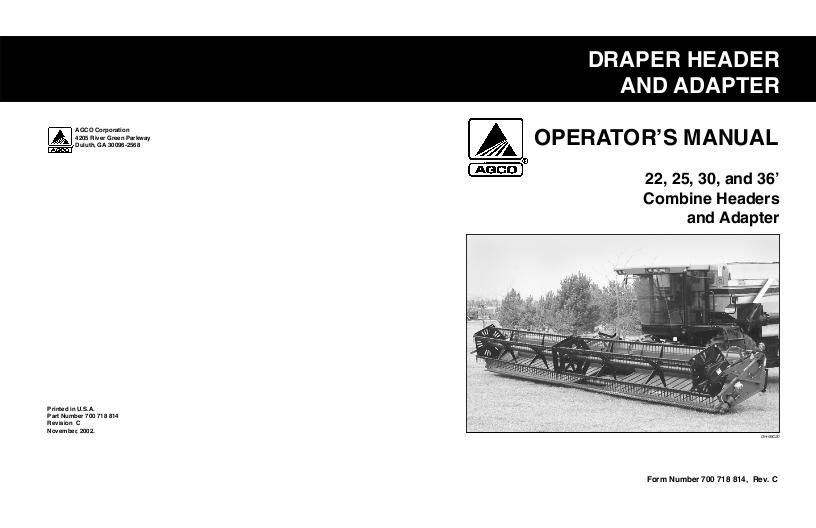 AGCO 5000 Draper Header Adapter (rice 22-25, grain 25-30-36 ft) Operator Manual 700718814C English
