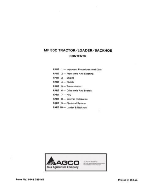 AGCO 50C Tractor Loader Backhoe (also used 50D Detroit) (packet) Service Manual 1448789M1 English