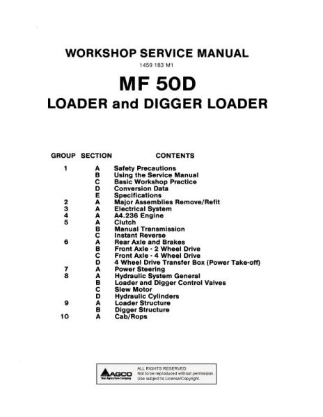 AGCO 50F (50D) Tractor Loader Backhoe (built in UK) (Packet) Service Manual 1459183M1 English