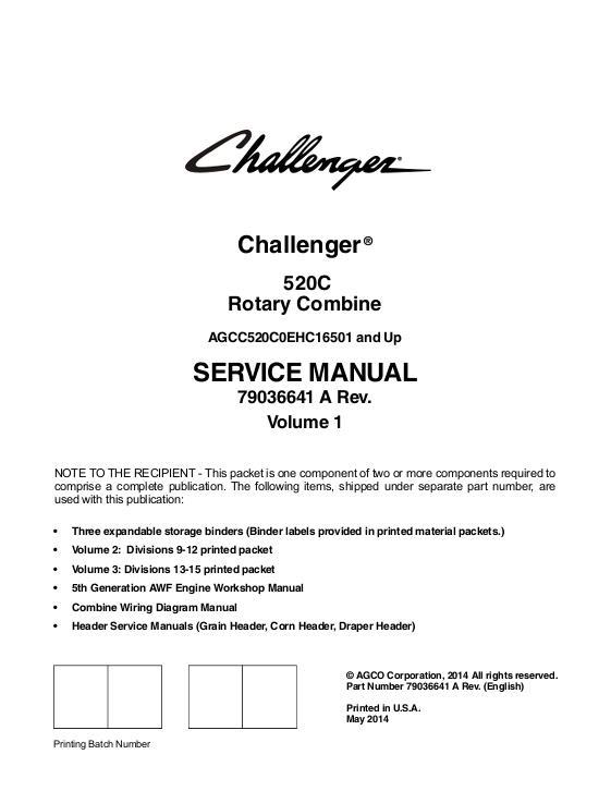 AGCO 520C Rotary Combine (eff sn EHCxx501, 2014) (packet) Service Manual 79036641A English