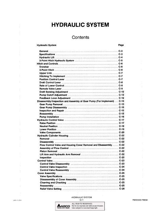 AGCO 5220 5230 Compact Tractor (hydraulic section) Service Manual 79004668 English