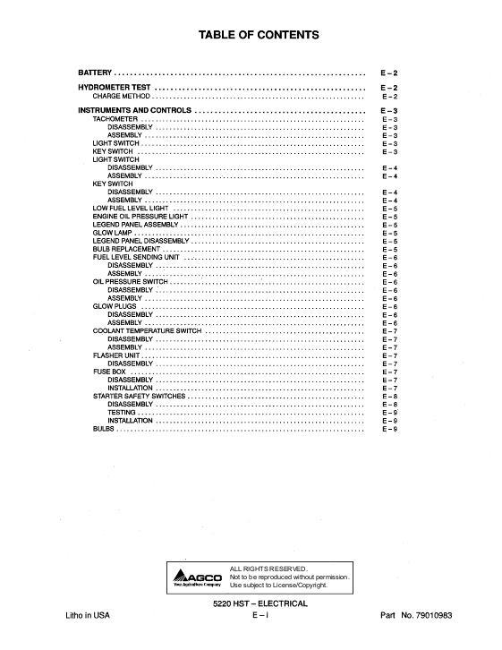 AGCO 5220 Compact Tractor (hydro trans, electrical section) Service Manual 79010983 English