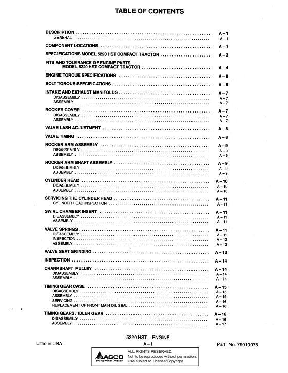 AGCO 5220 Compact Tractor (hydro trans, engine section) Service Manual 79010978 English