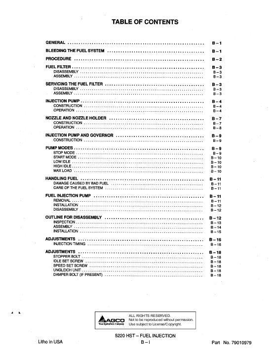 AGCO 5220 Compact Tractor (hydro trans, fuel injection section) Service Manual 79010979 English