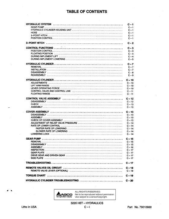 AGCO 5220 Compact Tractor (hydro trans, hydraulics section) Service Manual 79010980 English