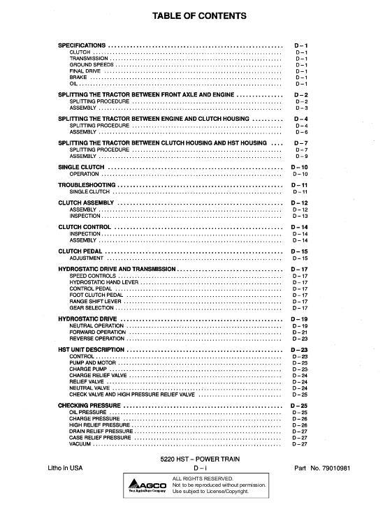 AGCO 5220 Compact Tractor (hydro trans, power train section) Service Manual 79010981 English