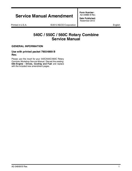 AGCO 540C 550C 560C Combine (amendment to 79034869B) Service Manual A2-34869B English