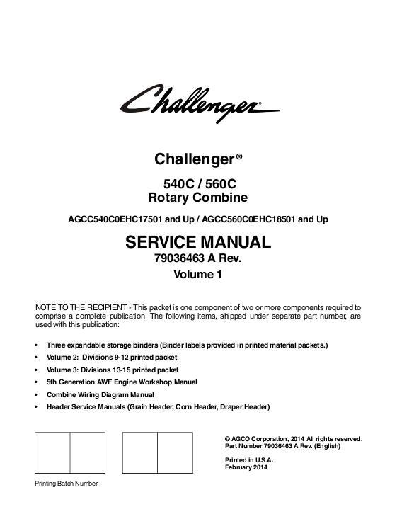 AGCO 540C 560C Combine (eff sn EHCxx501, 2014) (packet) Service Manual 79036463A English