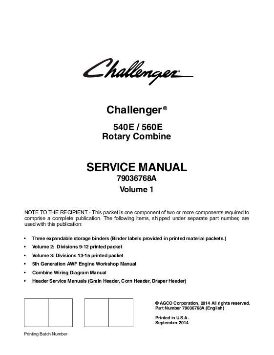 AGCO 540E 560E Rotary Combine (packet) Service Manual 79036768A English