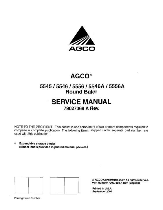 AGCO 5545 5546 5556 5546A 5556A Baler Service Manual 79027368A English