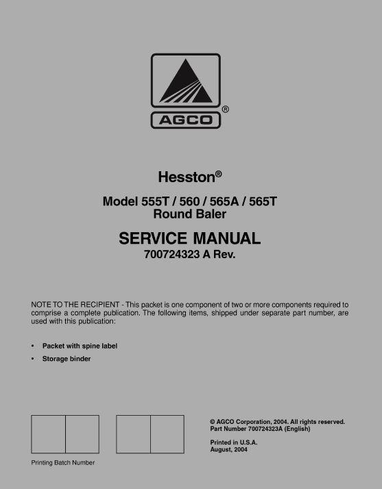 AGCO 555T 560 565A 565T Round Baler (packet) Service Manual 700724323A English