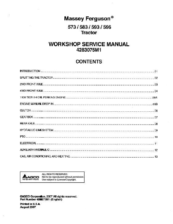 AGCO 573 583 593 596 Tractor (packet) Service Manual 4283075M1 English